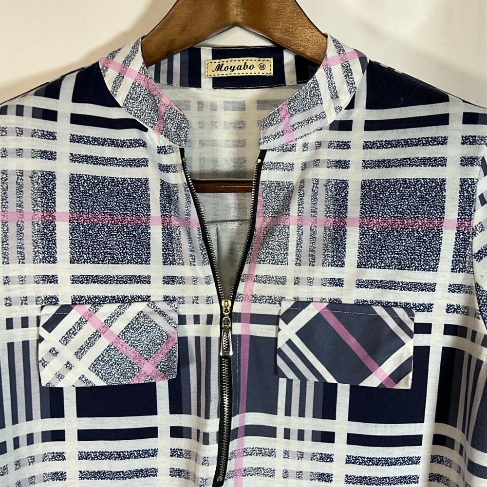 Moyabo Blouse Size M Navy and Pink Plaid Front Zip Button tab Sleeves - Picture 2 of 9
